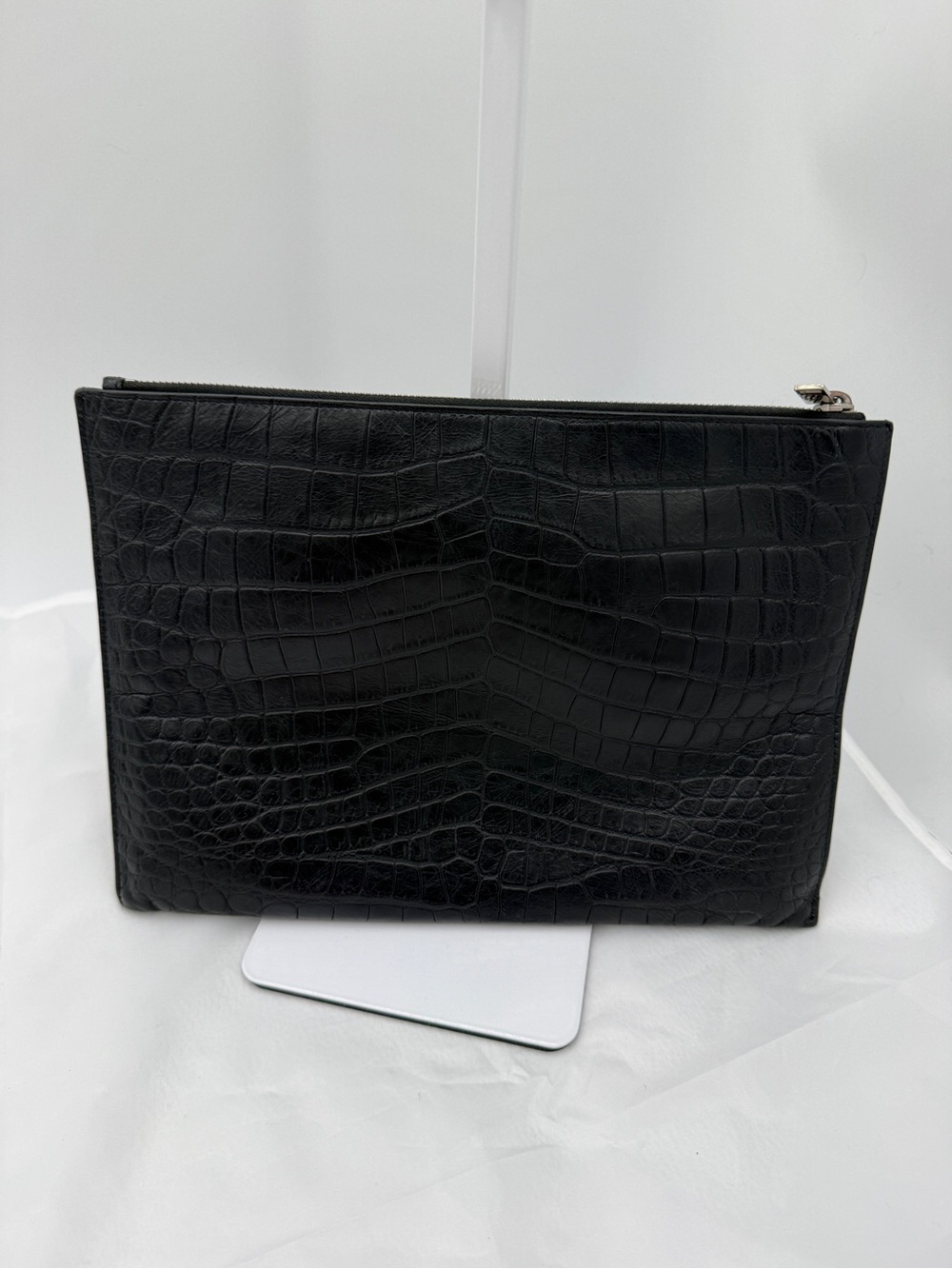 Authentic Vintage Saint Laurent Black Croc-Embossed Leather Zip Clutch